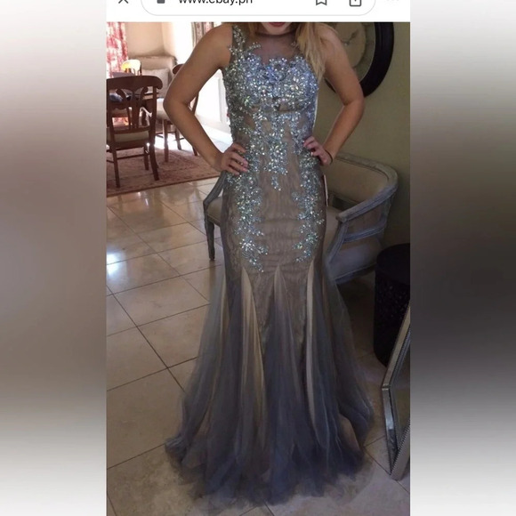 JVN BY JOVANI PROM PAGEANT FORMAL LONG MAXI DRESS GOWN silver nude cutout 2 - Picture 2 of 16